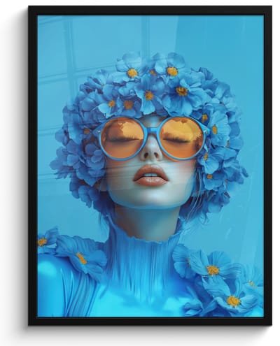 Poster in lijst - Fotolijst 50x70 cm - Posters - Vrouw - Bloem - Blauw - Modern - Bril - Portret - Posterlijst zwart - Decoratie - Wanddecoratie woonkamer - Muurdecoratie slaapkamer