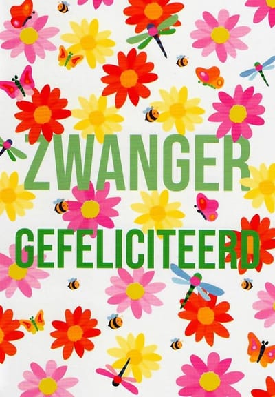 Van harte gefeliciteerd! Je bent zwanger! Een fleurige kaart met een afbeelding van kleurrijke bloemen, vlinders en bijen. Leuk om zo te geven of om bij een cadeau te voegen. Een dubbele wenskaart inclusief envelop en in folie verpakt.