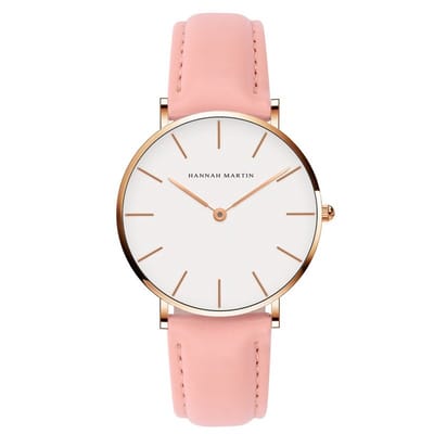 HANNAH MARTIN horloge met roze lederen polsband, witte wijzerplaat, gouden horlogekast en gouden wijzers voor dames met stijl ( model CB36 FF )