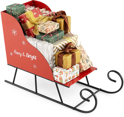 COSTWAY Decoratieve Kerstslee van Metaal – Grote Rode Kerstslee 74x32x51 cm, Outdoor & Indoor Kerstdecoratie voor Thuis en Kantoor