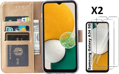 Samsung A34 5G hoesje bookcase Goud - Samsung Galaxy A34 bookcase portemonnee hoesje - Samsung A34 screenprotector / 2X Beschermglas