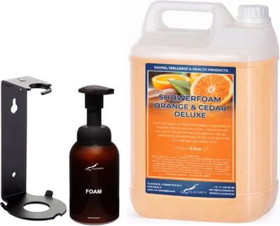 Foam Zeep 5 liter Orange & Cedarwood - met 300 ml dispenser (met bedrukking) en muurbeugel
