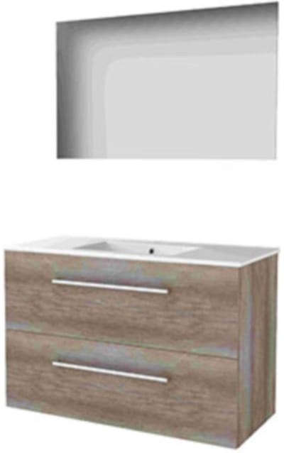 Basic-Line Ultimate 46 Badkamermeubelset - 100 x 46 cm - Met Grepen - 2 Lades - Keramische Wastafel - 1 Kraangat - Spiegel met Indirecte LED Verlichting - Scotch Oak