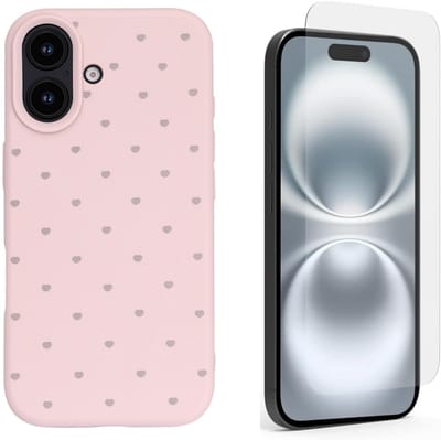 Hoesje en Glas Geschikt voor iPhone 16 - Roze - Casemania Stevige Siliconen Back Cover met Hartjes Print - 1x Glazen Screenprotector
