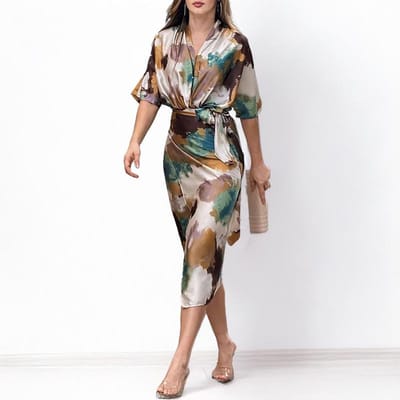 Dames Lentejurk Nieuw Product Elegant Print V-hals Kant Taille-omsluitende Slanke Jurk M white