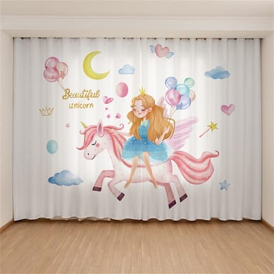3D Digitale Print Moderne Mode Ballet Dansend Meisje Kinder Slaapkamer Zonwering Dunne Gordijnen Roze Eenhoorn Prinses Gordijnen Woondecoratie W60H60(CM)x2PCS&Grommet Top white