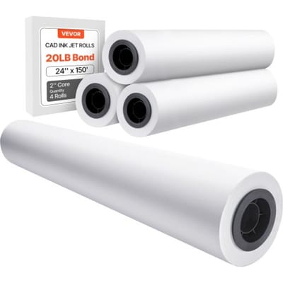 VEVOR Grootformaat Papierplotterpapier 45,7 m x 609,6 mm 4 rollen CAD-bindingrollen met 50,8 mm kern, tekenrollen voor CAD-tekeningen, technische plannen, GIS-kaarten en architectonische ontwerpen