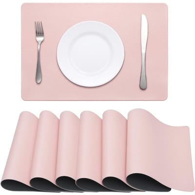 Daity Set van 6 dubbelzijdige vierkante PVC-placemats met lychee-print. Waterdicht - oliebestendig - hittebestendig en vlekbestendig. Wasbaar en afneembaar. Geschikt voor de decoratie van de keuken- en eettafel (roze en grijs).