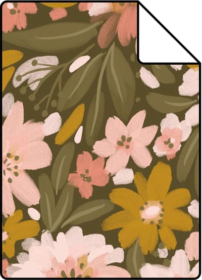 Proefstaal ESTAhome behang bloemen vergrijsd olijfgroen, zacht roze en okergeel - 26.5 x 21 cm - 130928-S