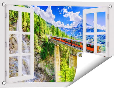 Gards Tuinposter Doorkijk Trein op een Brug bij een Waterval in Zwitserland - 60x40 cm - Tuindoek - Tuindecoratie - Wanddecoratie buiten - Tuinschilderij