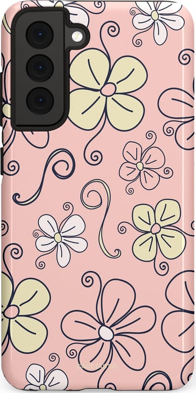 Casetastic hoesje geschikt voor Samsung Galaxy S21 FE 5G - Dubbellaagse bescherming - Pastel Perzik Doodle Peach Bloemen - Fashion Case - Zand Zilver Lichtroze