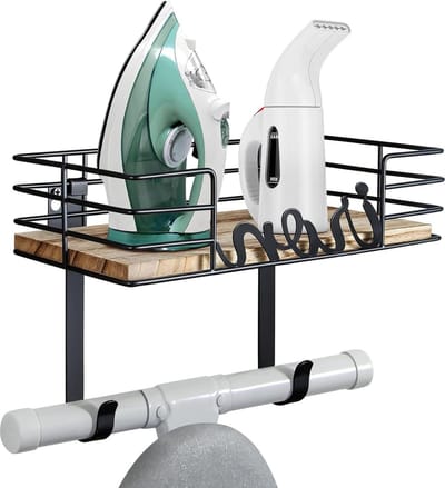 Strijkplank Hanger met Houten Basismand - Wasruimte Strijkplankhouder met Verwijderbare Haken Strijkplank