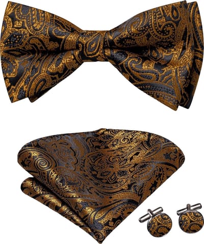 Sorprese Vlinderdas Set - Inclusief Pochet en Manchetknopen - 100% Zijde - Paisley Zwart/Goud - Luxe Heren Accessoireset - Strik - Vlinderstrik