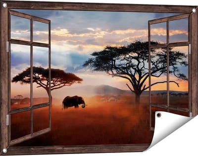 Gards Tuinposter Doorkijk Olifant in het Wild - Savanne - 90x60 cm - Tuindoek - Tuindecoratie - Wanddecoratie buiten - Tuinschilderij