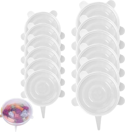 Stretchy Silicone Lids voor Voedselopslag, 12 Stuks, Geschikt voor Yoghurtbekers, Blikken en Kommen, Maten 6.5 cm en 9.5 cm
