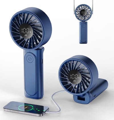 YAGXIG Handventilator - Draagbare ventilator - 3000mAh - Oplaadbaar - Persoonlijke ventilator - 180° opvouwbare mini-desktopventilator - 6 windsnelheden - Digitaal LCD-display - Lanyard-ontwerp - Ultrastil - Geschikt voor binnen en buiten - Blauw