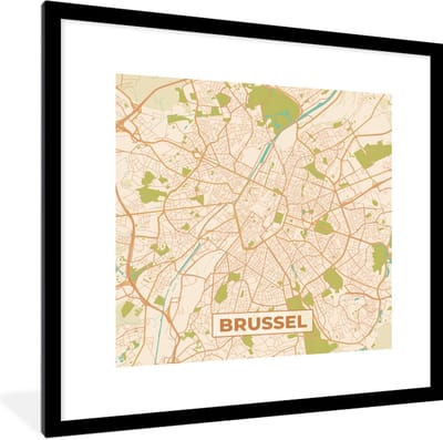Fotolijst incl. Poster - Plattegrond - Retro - Brussel - Stadskaart - Kaart - 40x40 cm - Posterlijst