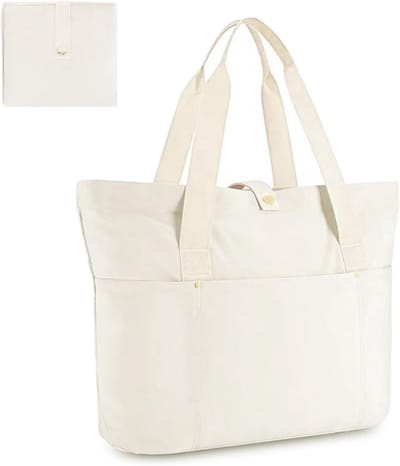 Grote Shopper Tas Dames - Opvouwbare Schoudertas met Rits en Zakken - Waterdichte Strandtas - Reistas - Beige 41.6 x 15.2 x 29.2 cm
