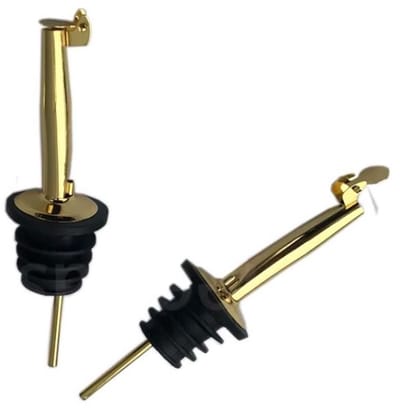 2x Schenktuit - Schenkdop voor op fles - Flesstop met schenker - Wijn / olie schenker - Pour spout - RVS - Druppelvrij doseren - Met dopjes - Keuken / bar accessoires - Goudkleurig - Jonyx