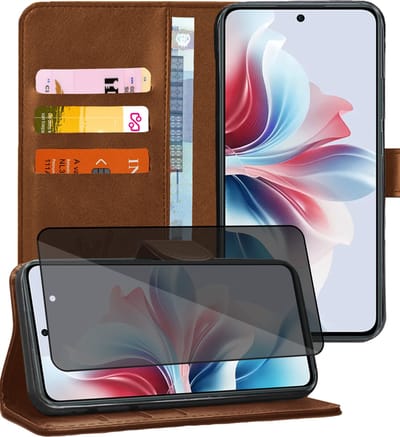 Hoesje geschikt voor Oppo Reno 11F - Privacy Screenprotector Volledig Dekkend Glas - Portemonnee Book Case Bruin