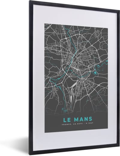 Fotolijst incl. Poster - Le Mans - Plattegrond - Kaart - Stadskaart - Frankrijk - 40x60 cm - Posterlijst