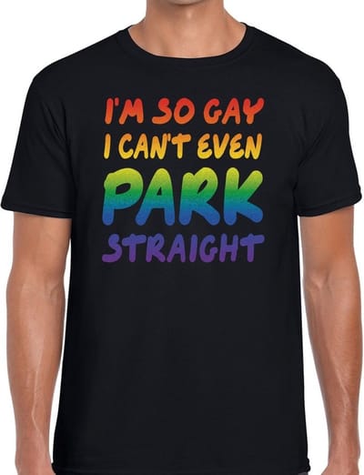 I am so gay i can't even park straight - gaypride t-shirt - zwart - regenboog tekst - voor heren - Gay pride S