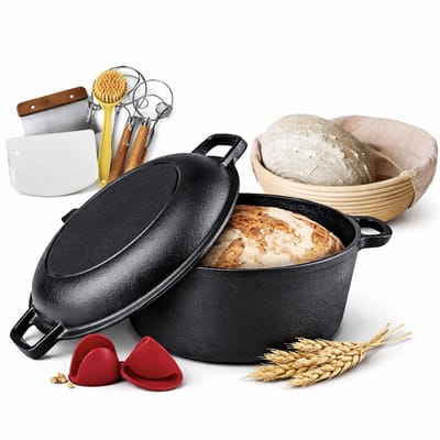MIRO® Broodbakbol - Broodpan Gietijzer - 17-delig - 26 cm - Voor Zuurdesem & Ambachtelijk Brood - Inclusief Receptenboek - Zwart