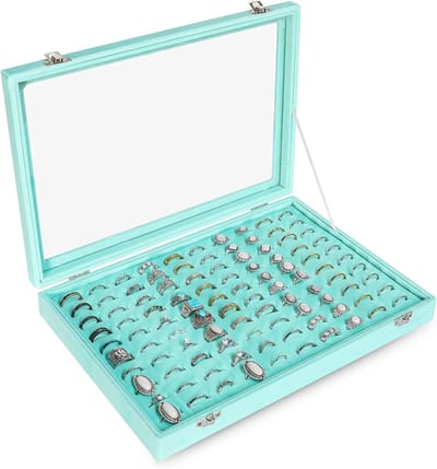 Ring Organizer Tray met 100 Slots - Velours Ringhouder met Duidelijk Deksel voor Sieradenopslag en Presentatie, Perfect voor Vrouwen en Meisjes (Turquoise)