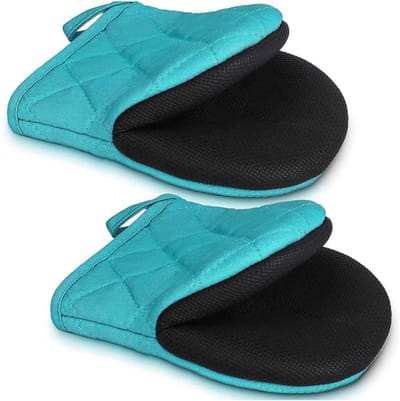 longziming -1 Paar korte ovenwanten – Hittebestendige mini ovenhandschoenen van katoen met antislip grip – Ideaal voor koken, bakken, barbecue en magnetron – Blauw
