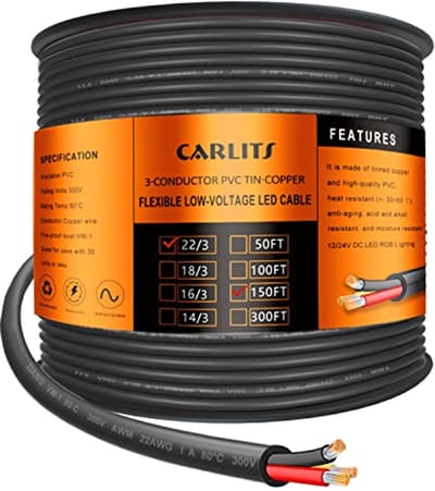 3-aderige elektrische kabel 22 gauge, 45,72 m, flexibele verlengkabel voor laagspannings-LED-projecten