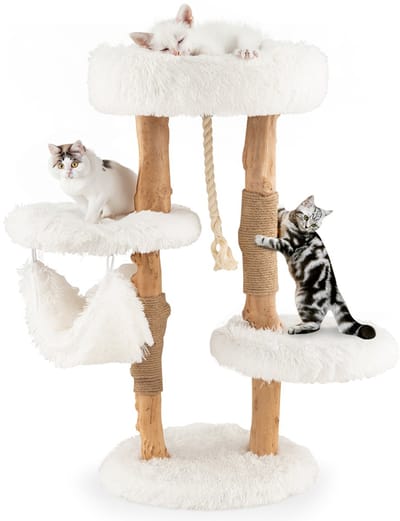 COSTWAY Krabpaal van hout, kattenboom met hangmat en sisaltouw en pluche zitvlakken, kattentoren met krabpalen van jute, massief hout, kattenkrabpaal, klimboom voor katten, wit