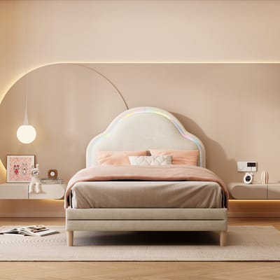 Wishdor – Gestoffeerd Eenpersoonsbed 90x200 cm – Wolkvormig Hoofdbord – Kleurwisselende LED – Magisch & Zacht – Fluweel – Beige
