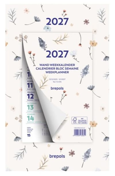 Brepols Wand-week kalender 2027 - Fantasy - Week begint op maandag - 19 x 31 cm - Beige - Bloem