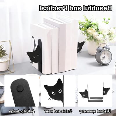 Dailygoods - 2 stuks Creativiteit Kat Boekensteun, 15 x 4 x 18 cm Boekensteunen Metaal Zwart Boeksteun Boekensteunen uit Metaal Boeksteun Boekhouders voor Planken voor School, Kantoor en Thuis