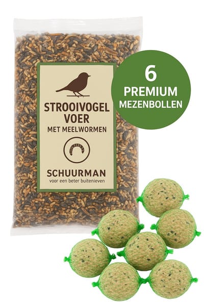 Strooivoer voor Buitenvogels met Meelwormen 4 kg – Inclusief 6 Gratis Premium Mezenbollen – Schuurman Vogelvoer – Hoogwaardig Vogelzaad voor Jaarrond Voeren