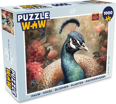Puzzel Pauw - Vogel - Bloemen - Planten - Pauwenveren - Legpuzzel - Puzzel 1000 stukjes volwassenen