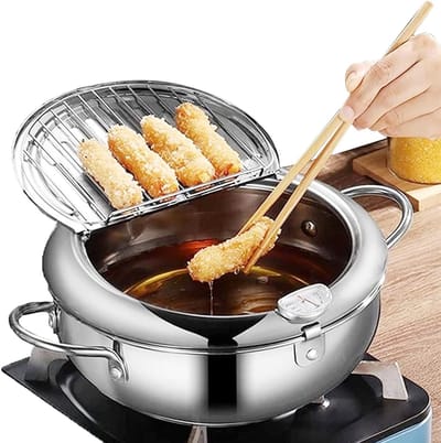 Kleine Frituurpan - Tempura Koekenpan - Thuis Frituren - Met Thermometer - 24cm - Zilver