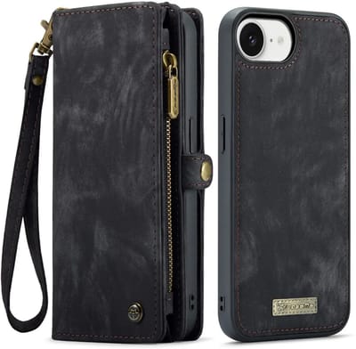 CaseMe 008 Geschikt voor Apple iPhone 17e / 16e - 2-in-1 Book Case en Back Cover - Magnetisch Uitneembaar - Portemonnee Hoesje - Zwart