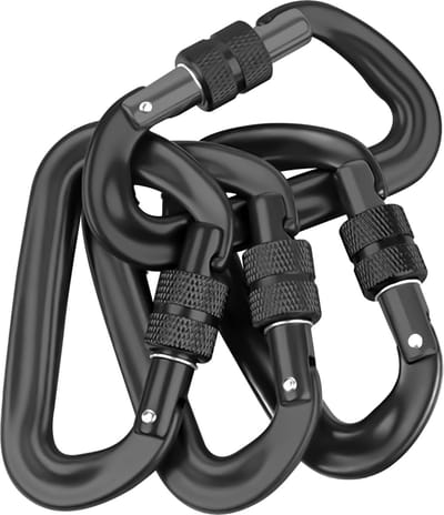 set van 4 karabijnhaken 12 kN 1200 kg Zwart - 8.2 x 4.6 x 1.5cm - D-vormige schroefkarabijnhaak - draaivergrendeling - haak voor hangmatten - kamperen - wandelen - hondenriem - sleutelhanger