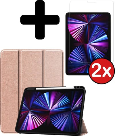 Hoesje - Geschikt voor Apple iPad Pro (2021) - 11 inch - 3e generatie - Met Screenprotector - Trifold Bookcase Hoes - Hard Cover Case - Met Uitsparing Geschikt voor Apple Pencil - Hardcover Book - Tablethoes - Rosé goud