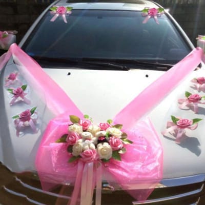 Fleurs artificielles PE Rose Fleur de voiture de mariage Décoration d'équipe avant Ensemble de décoration de voiture de mariage coréen Fleur de décoration de sous-voiture white