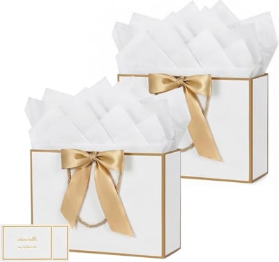Elegante geschenktassen set van 2 in wit goud, middelgroot cadeauzakje met strik en kaart, perfect voor bruiloft, verjaardag en Moederdag