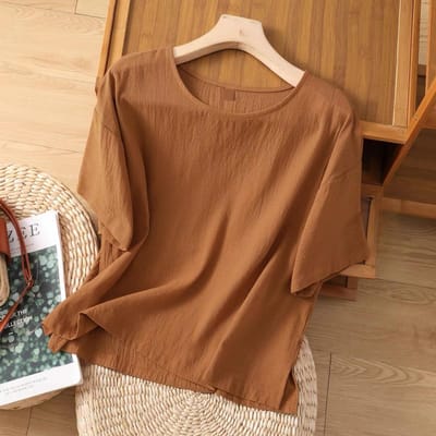 Nieuwe Zomer Katoen en Linnen Dames Tops Grote Maten Literair Pullover Casual Los T-shirt Tops met Korte Mouwen L brown