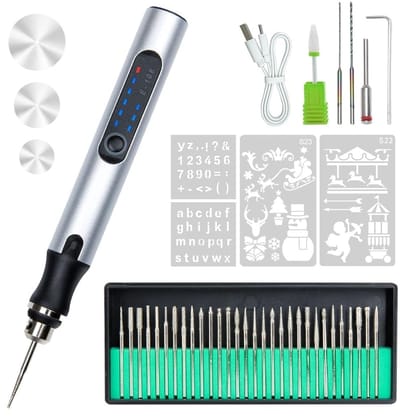 Elektrische Graveerpen - USB Oplaadbaar - 36 Bits - Verstelbare Snelheid Tot 18.000 rpm - Draagbaar Graveerapparaat voor Sieraden, Hout, Glas, Metaal - zilveren