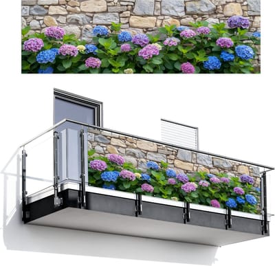 Balkonscherm 300x95 cm - Balkonposter Hortensia - Bloemen - Bladeren - Stenen - Balkon scherm decoratie - Balkonschermen - Balkondoek zonnescherm