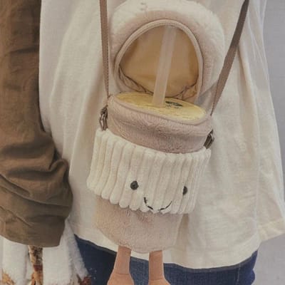 Leuke Koffiebeker Crossbody Tas - Lichtgewicht  Isolatievriendelijke Pluche Poppen Crossbody Tas Verrassingscadeau Buiten Schoudertas gray