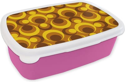 Broodtrommel Roze - Lunchbox Patronen - Retro - Bruin - Geel - Brooddoos 18x12x6 cm - Brood lunch box - Broodtrommels voor kinderen en volwassenen