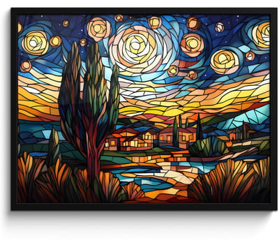 Poster in lijst - Fotolijst 70x50 cm - Posters - Hemel - Sterren - Mozaïek - Huizen - Posterlijst zwart - Decoratie - Wanddecoratie woonkamer - Muurdecoratie slaapkamer