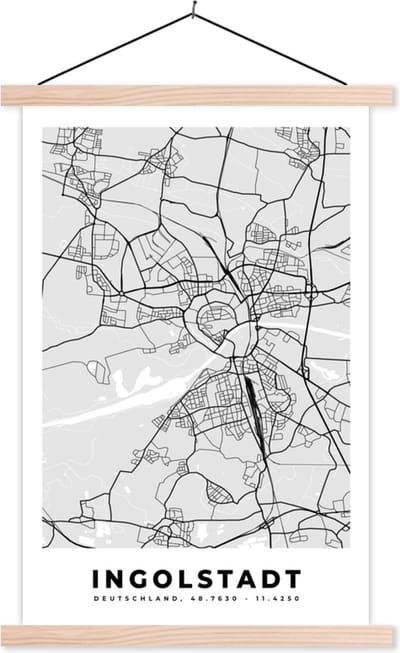 Posterhanger incl. Poster 40x60 cm - Schoolplaat - Kaart - Ingolstadt - Duitsland - Stadskaart - Plattegrond - Textielposter - Blanke latten - Stadskaart