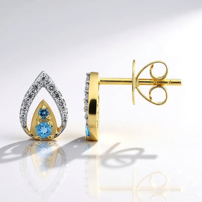 Cavill - 9K Geel Goud Oorbellen - Blauwe Haüyn 0,208 ct - Zirkonen - Elegant Druppelvormig Design - Luxe & Vrouwelijk